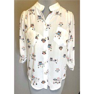 Cream brand retro owl print poly crepe button up tab collar blouse